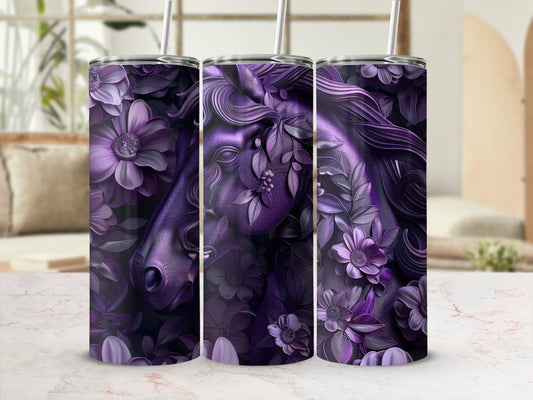 Purple horse head with floral embellishments on a tumbler.