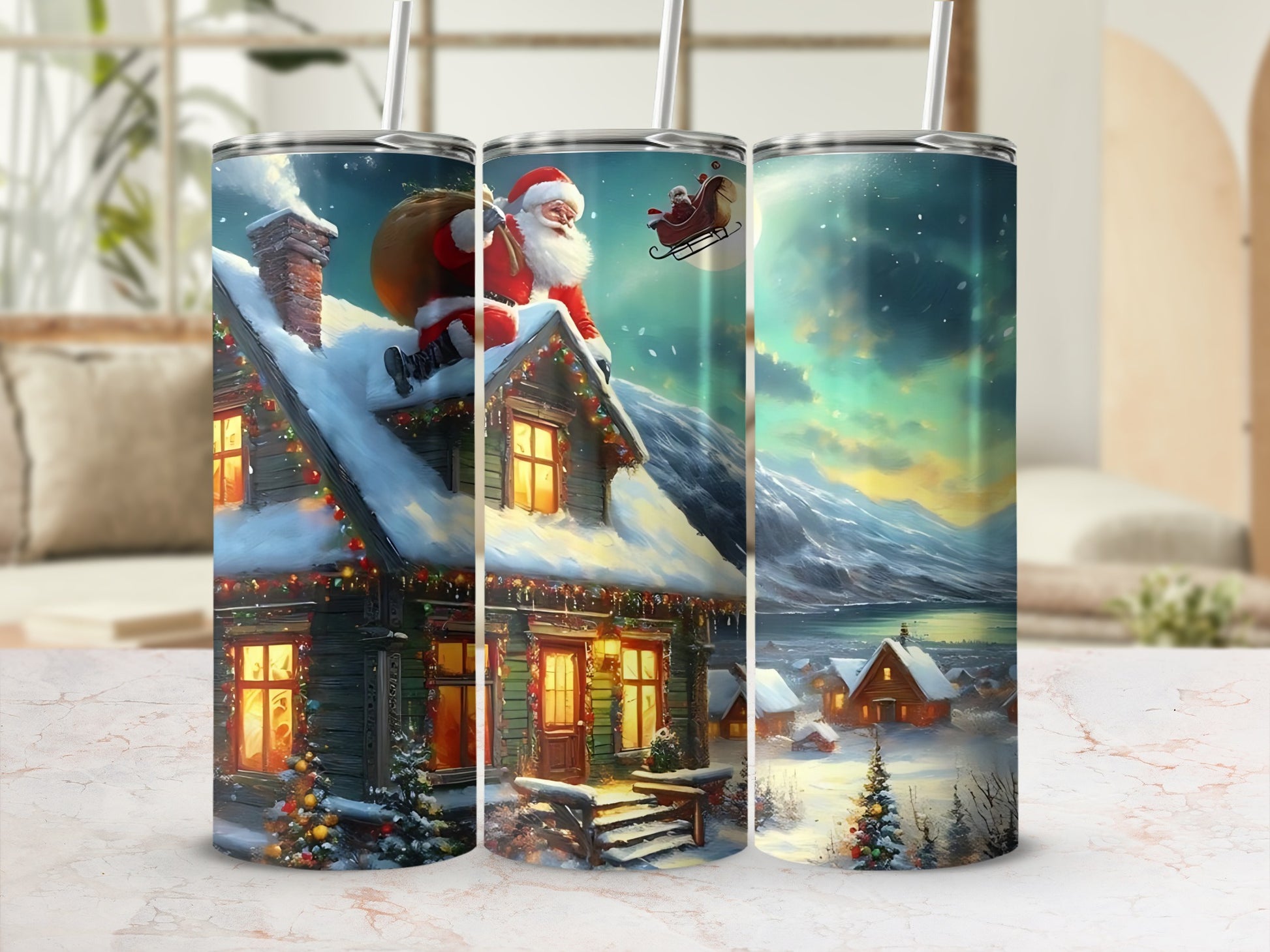Santa Claus Over Cozy Winter Cottage Christmas Tumbler