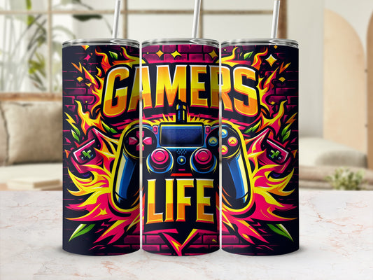 Tumbler with "GAMERS LIFE" text and gaming controller graphics.