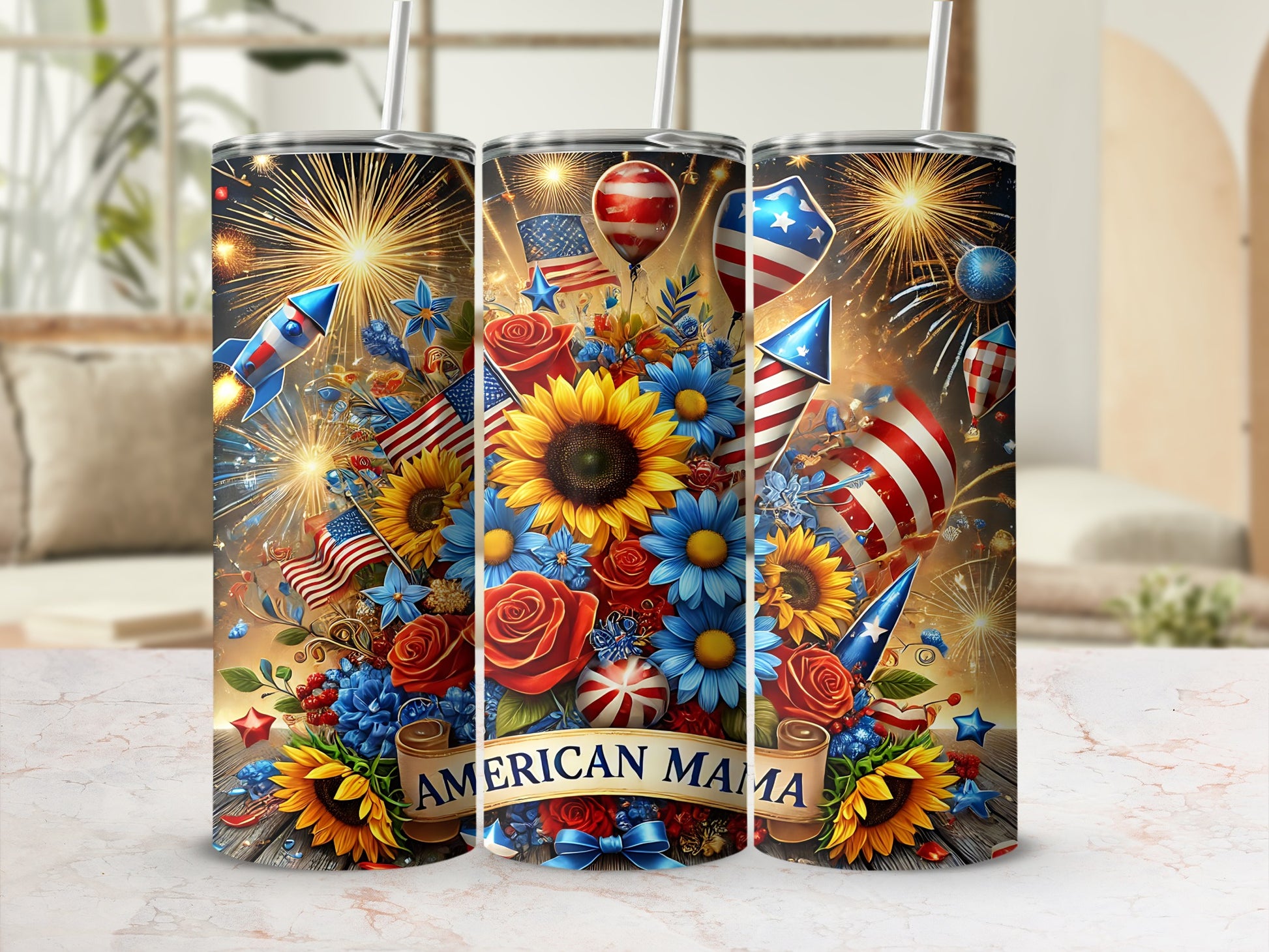 Three patriotic tumblers with sunflowers, roses, and fireworks, reading "AMERICAN MAMA".