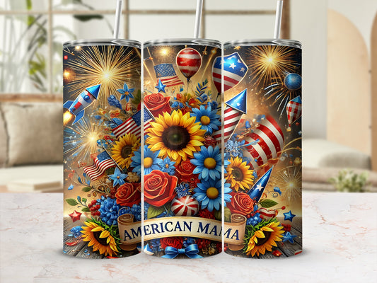 Three patriotic tumblers with sunflowers, roses, and fireworks, reading "AMERICAN MAMA".