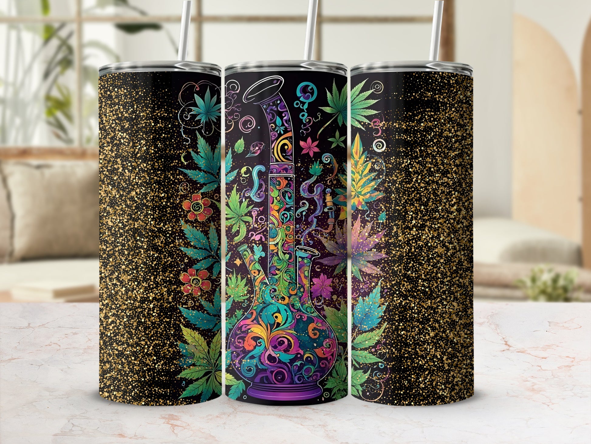 Colorful Floral Leaves Glitter Design Tumbler