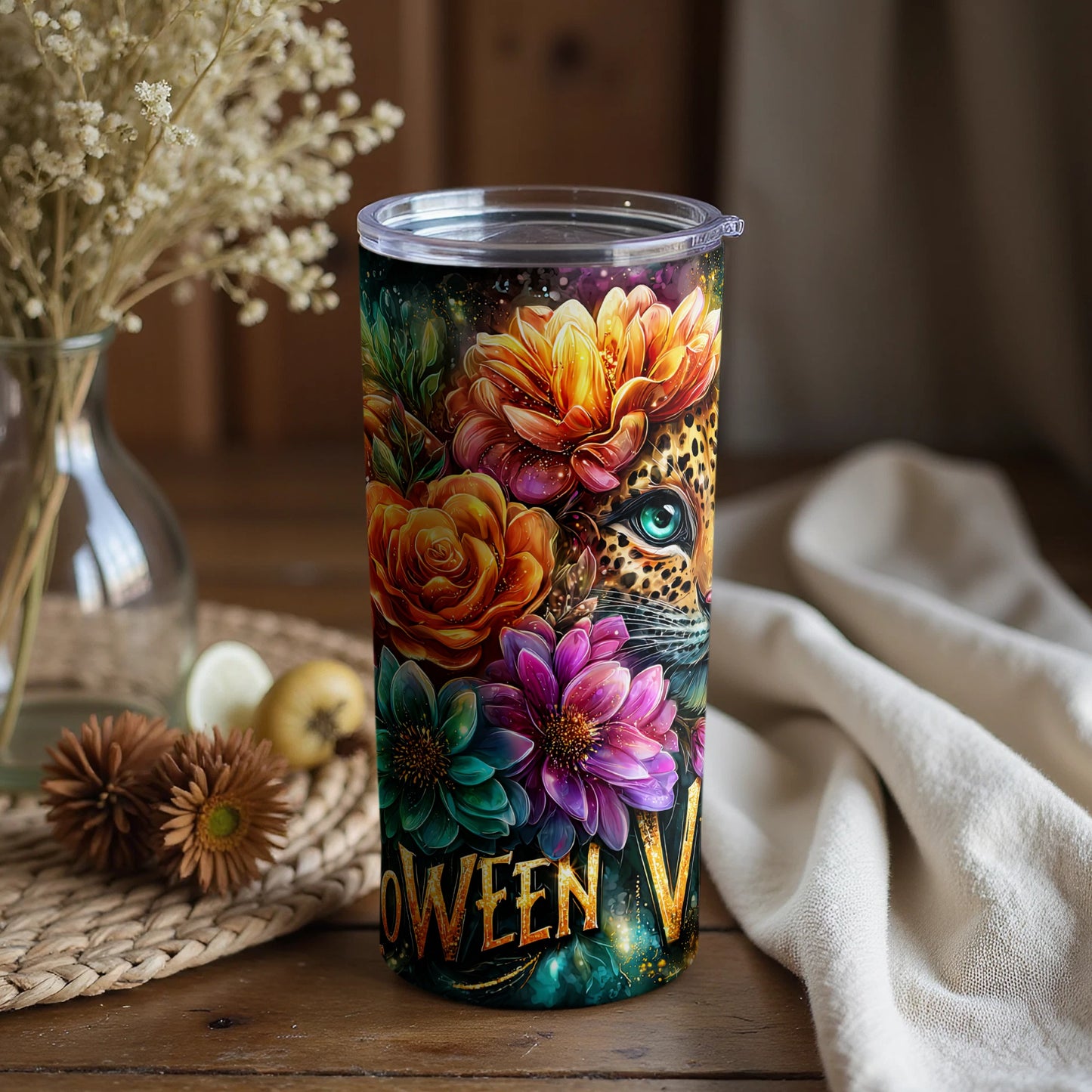 Colorful Floral and Leopard Halloween Tumbler