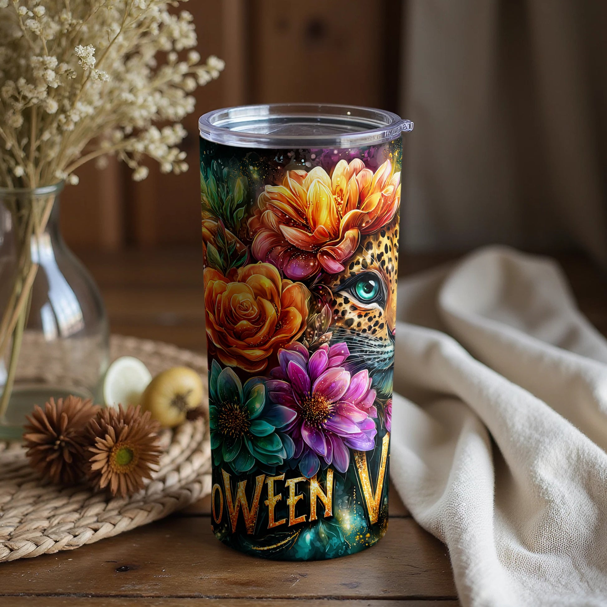 Colorful Floral and Leopard Halloween Tumbler