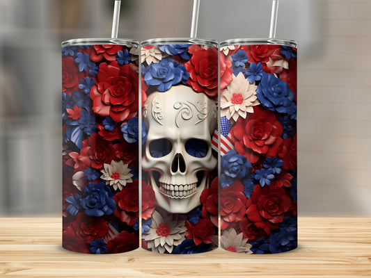 Three tumblers with a skull and patriotic floral design on a wooden surface.