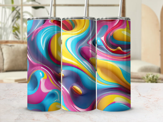 Three tumblers with colorful, abstract swirling liquid art designs.