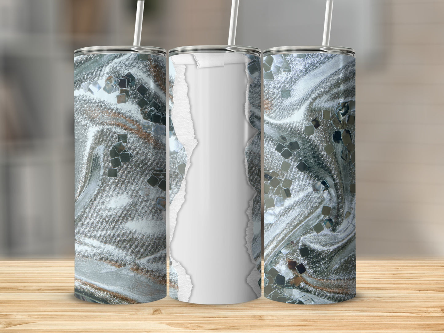 Three tumblers with marbled grey and silver glitter design, one with ripped paper effect.