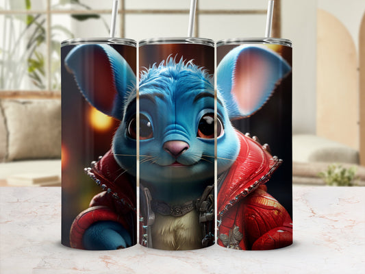 Blue cartoon mouse character wearing a red jacket on a tumbler.