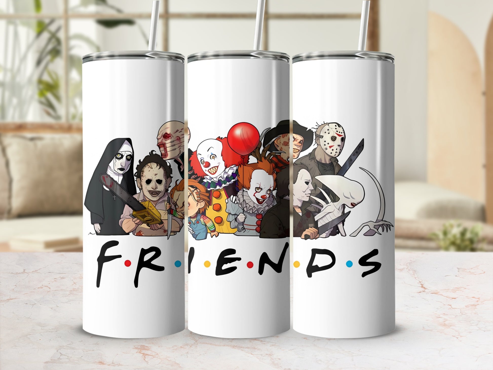 Horror characters art on Friends-themed tumblers with straw.
