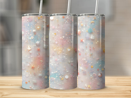 Three tumblers with pastel confetti and geometric shapes pattern.