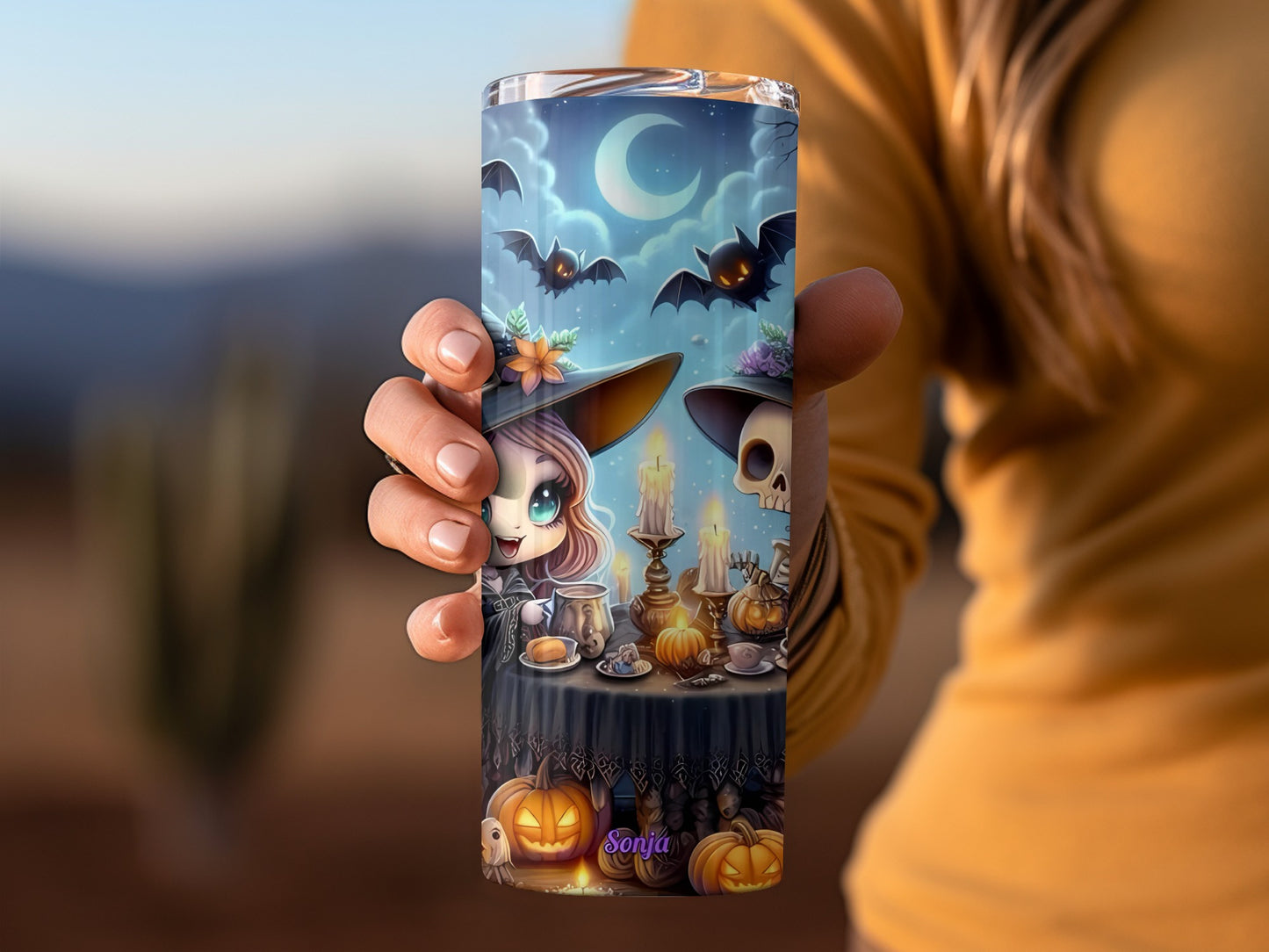 Spooky Halloween Scene With Witch And Skeletons Tumbler