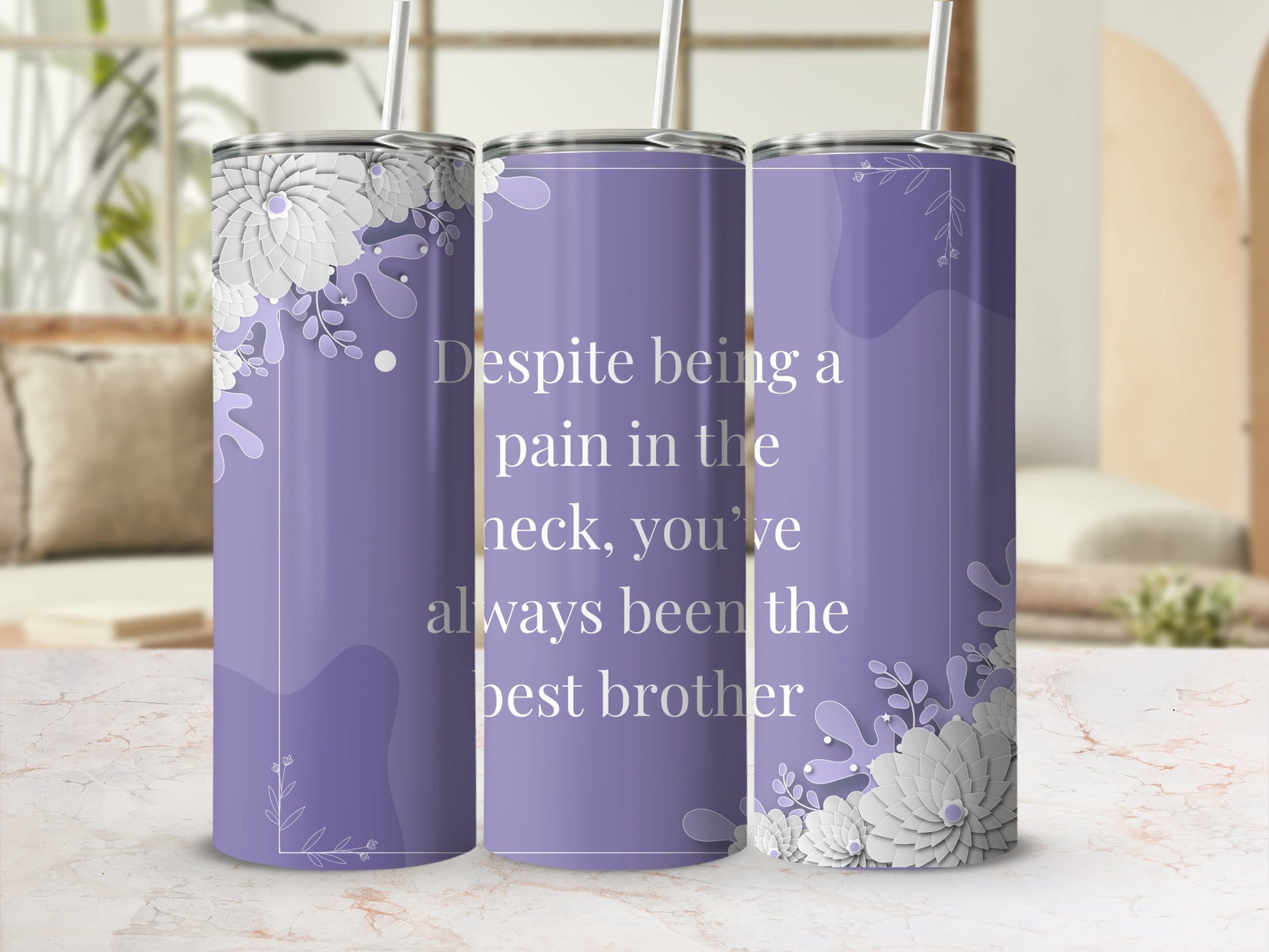 Purple Floral Design Tumbler with Funny Brother Quote