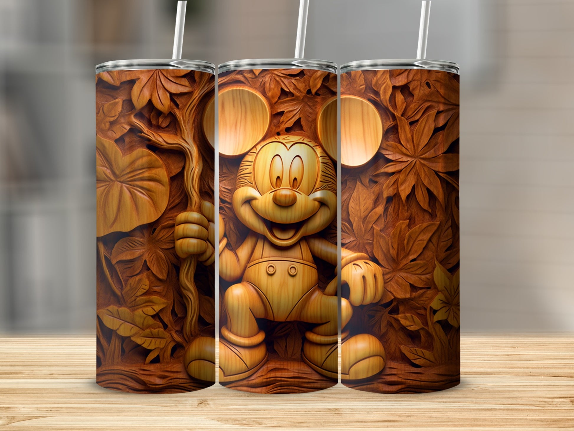 Intricately Wood Carved Mickey Mouse Tumbler Design