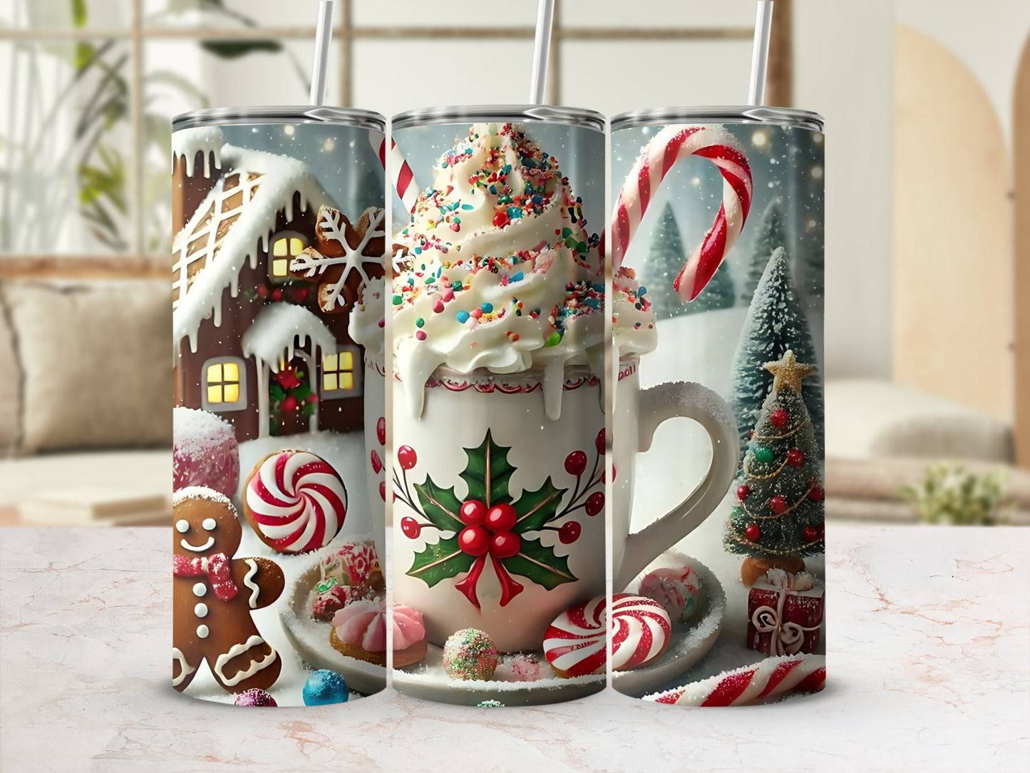 Festive Christmas Themed Tumblers with Gingerbread and Candy