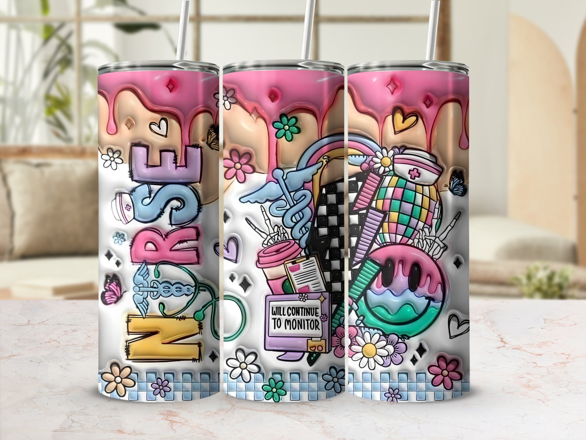Nurse tumbler with pastel checkered pattern and smiley face.