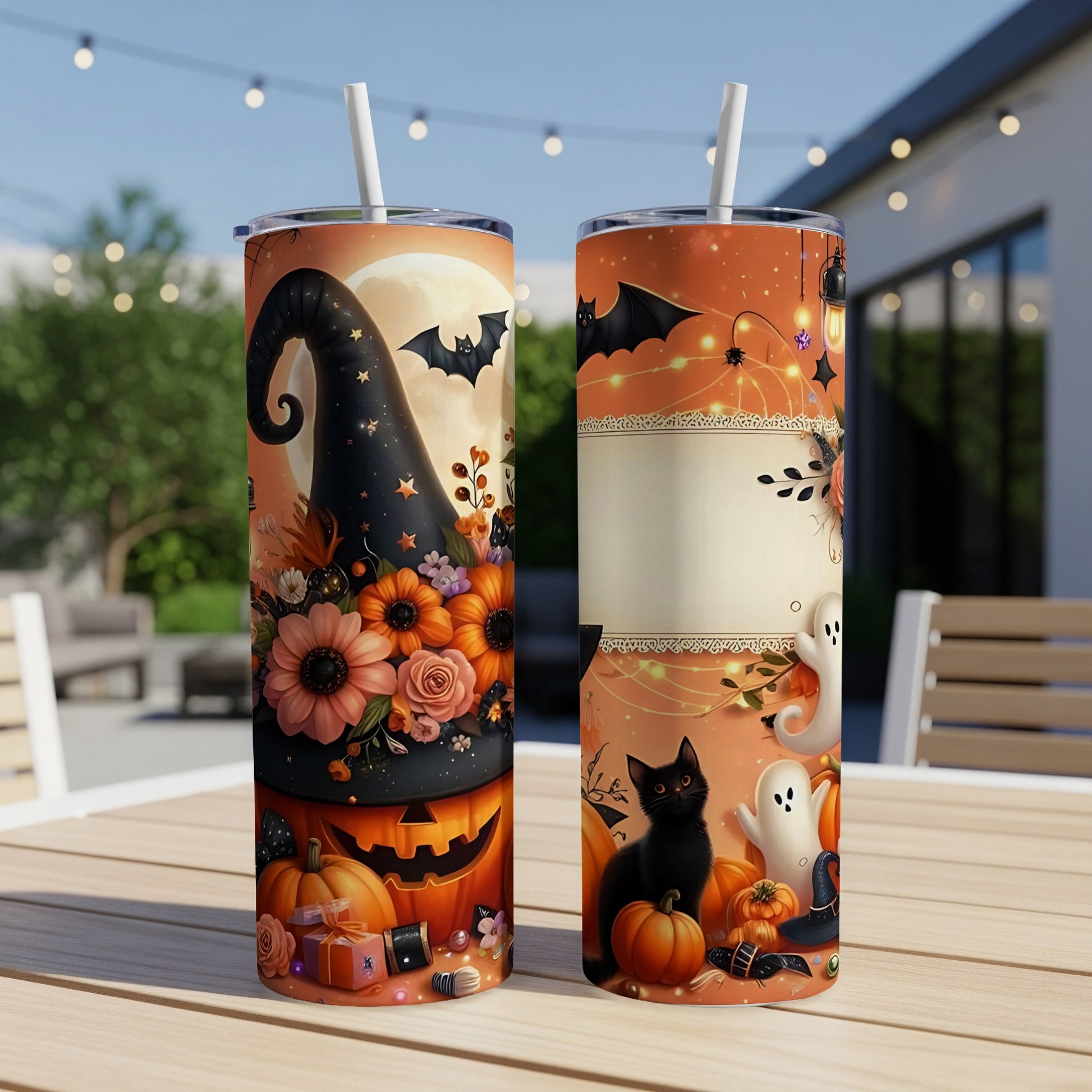 Two Halloween-themed tumblers with pumpkins, a black cat, ghosts, bats, and flowers.