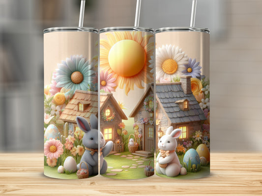 Easter bunny and houses with floral decorations and eggs.