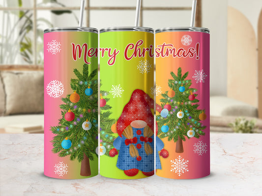 Three Christmas gnomes on tumblers with pine trees and snowflakes.