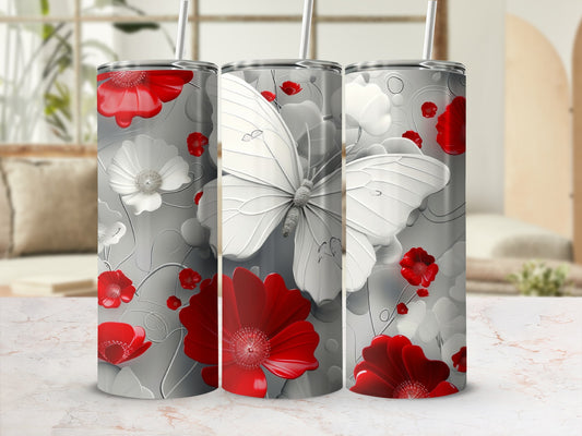 White butterfly and red poppies on a gray tumbler.