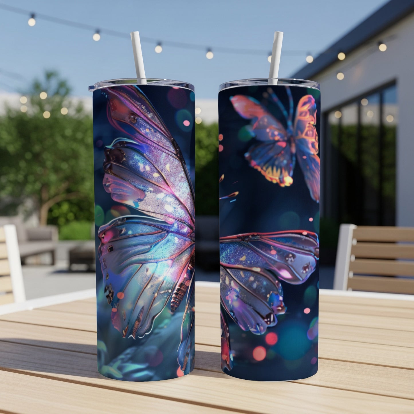 Two tumblers with iridescent butterfly designs on a blurred outdoor background.