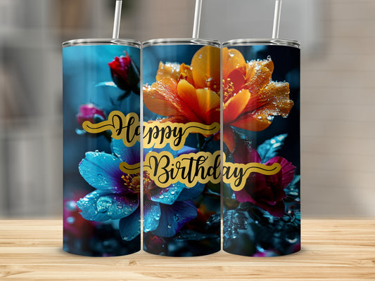 "Happy Birthday" text on tumblers with colorful flowers and water droplets.