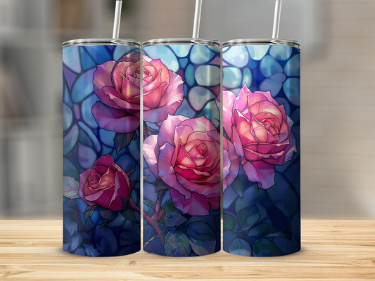 Three tumblers with a stained glass rose design.