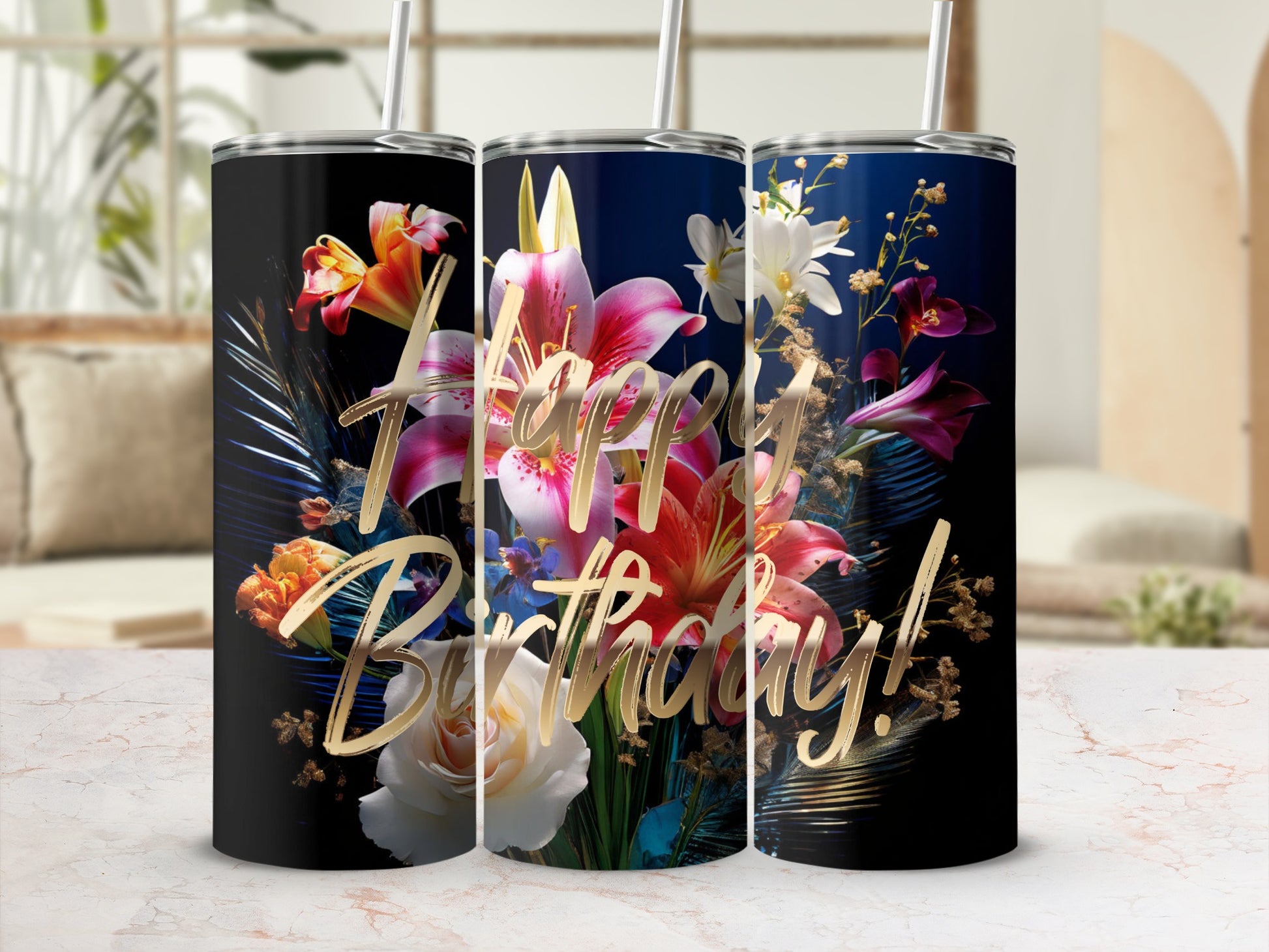 Black tumblers with "Happy Birthday!" and colorful floral design.