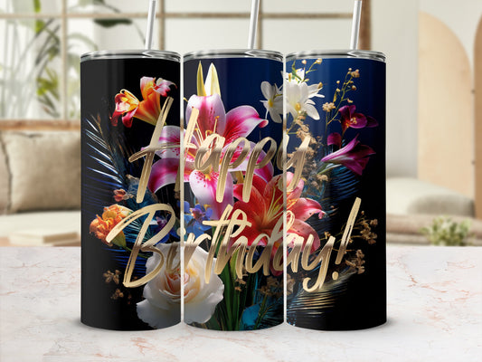 Black tumblers with "Happy Birthday!" and colorful floral design.