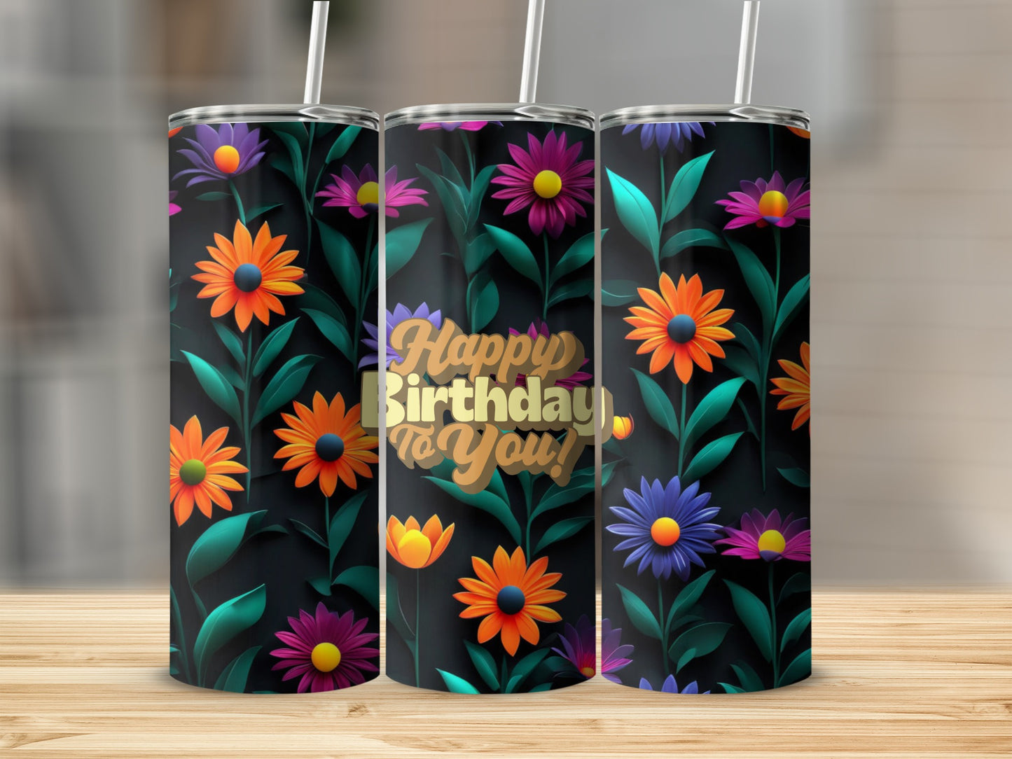 Three tumblers with colorful flowers and "Happy Birthday To You!" text.