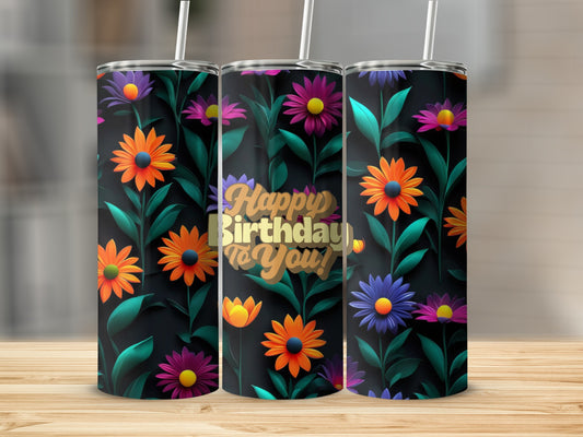 Three tumblers with colorful flowers and "Happy Birthday To You!" text.