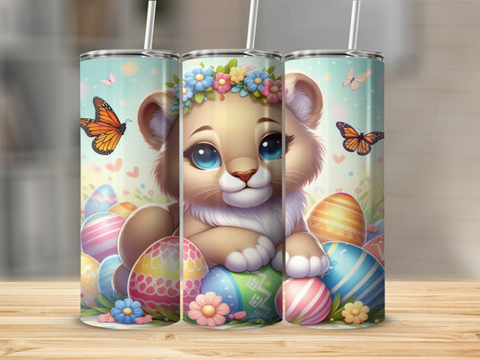 Cute lion cub with flower crown surrounded by Easter eggs and butterflies.