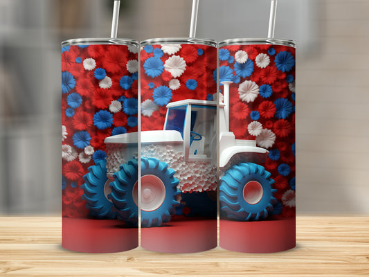 Three tumblers with a white tractor and red, white, and blue floral pattern.
