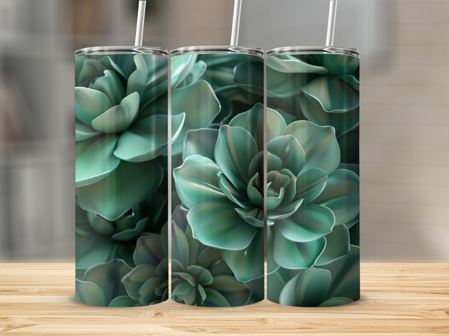 Triptych of a green succulent plant pattern on tumblers.