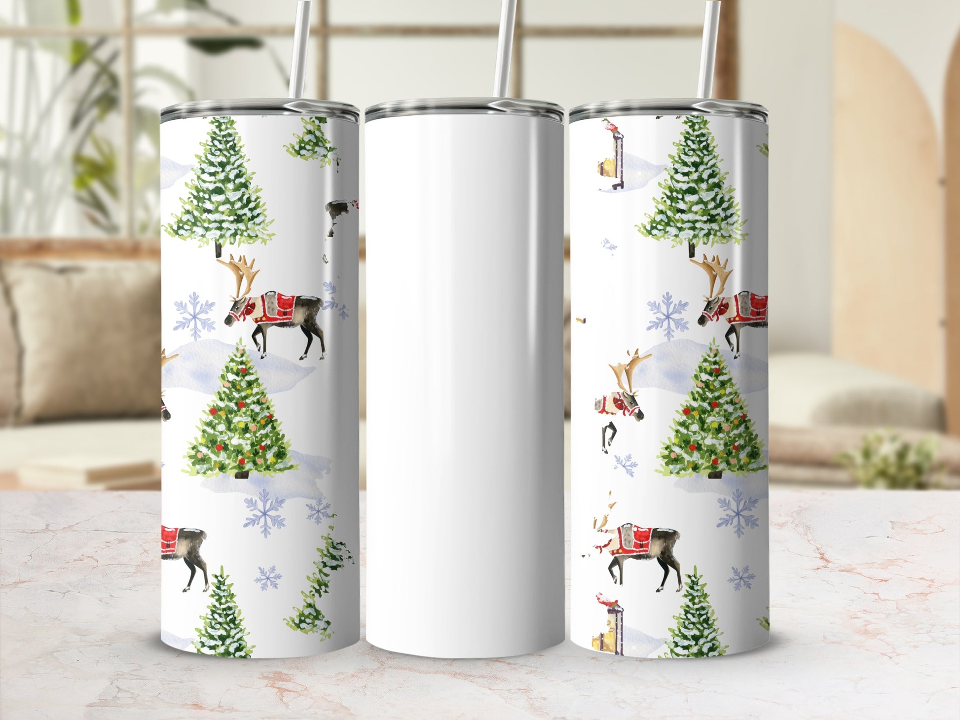Festive Christmas Tree and Reindeer Tumbler