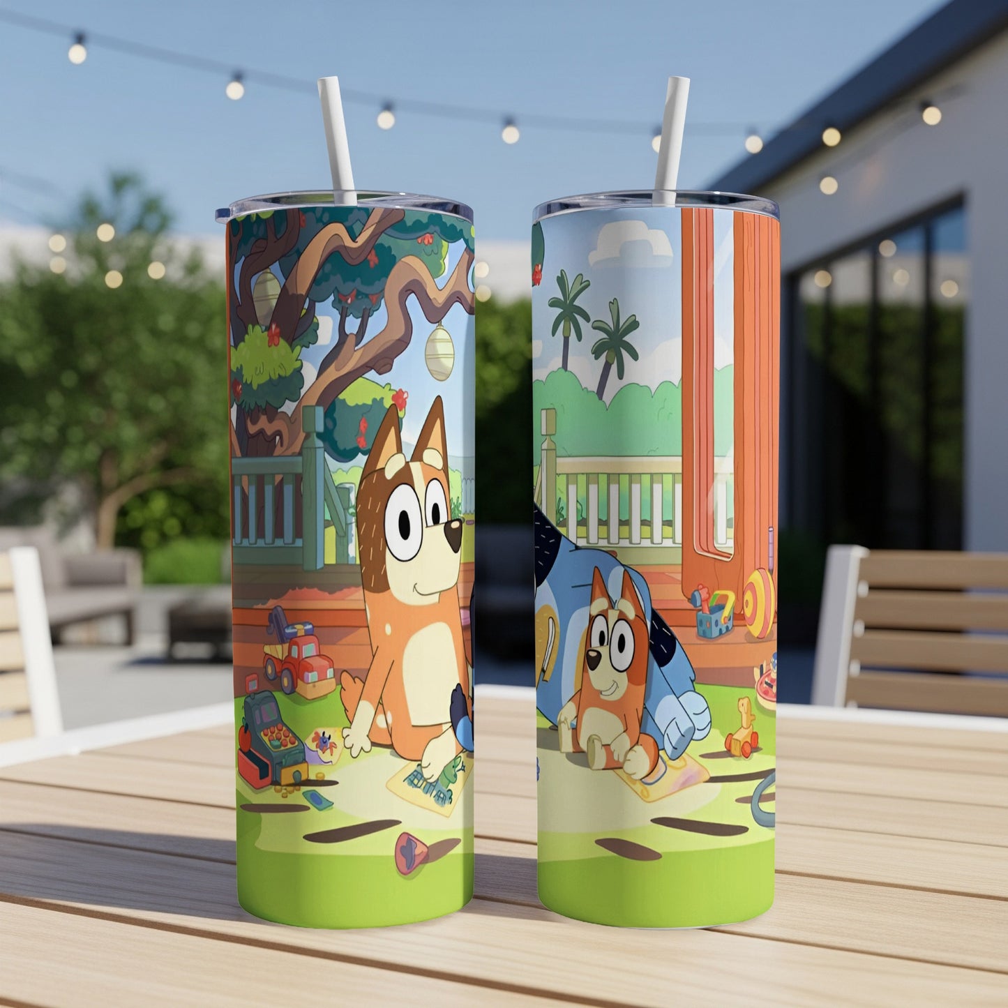 Bluey and Bingo characters on a patterned tumbler with a backyard scene.