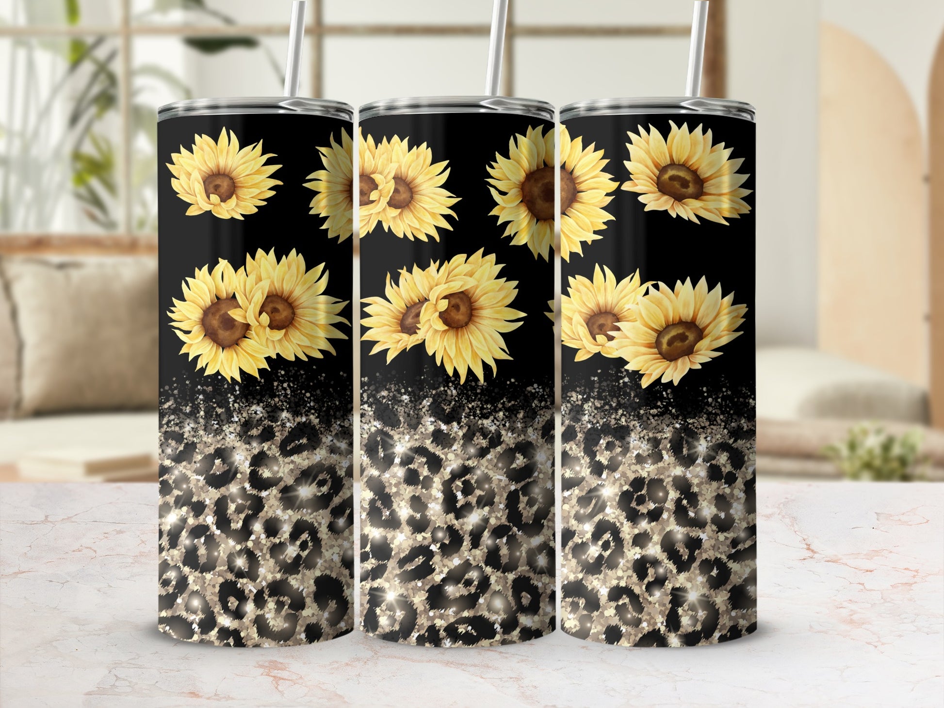 Black tumbler with sunflowers and leopard print design.