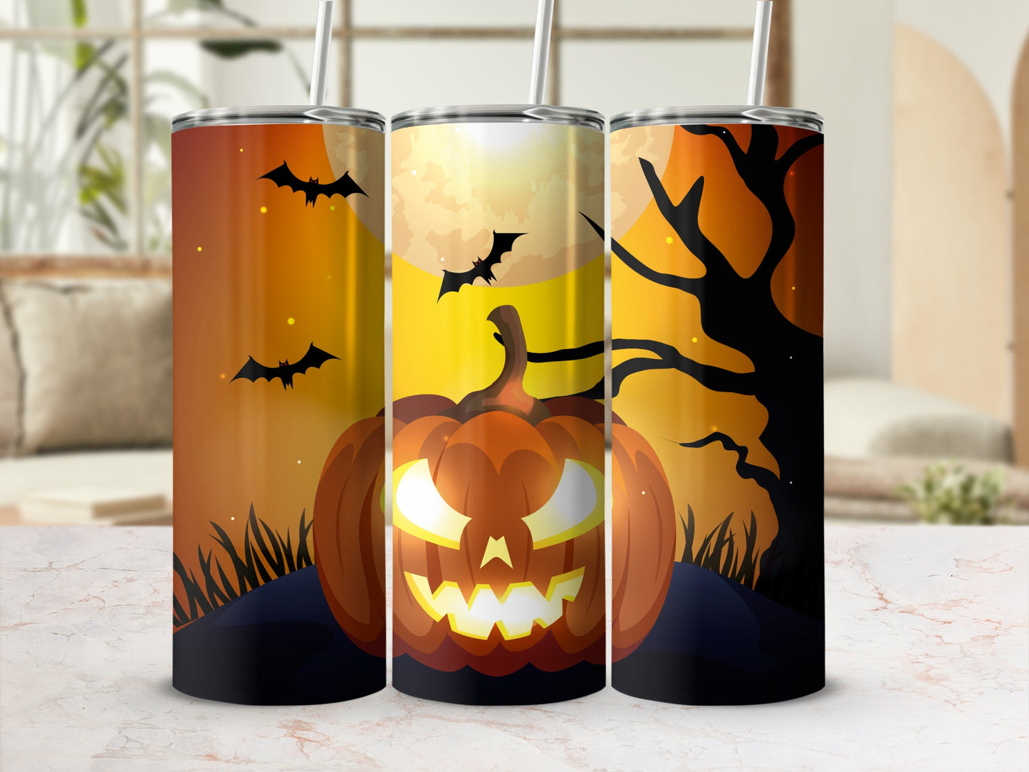 Spooky Halloween Pumpkin and Bats Stainless Steel Tumbler