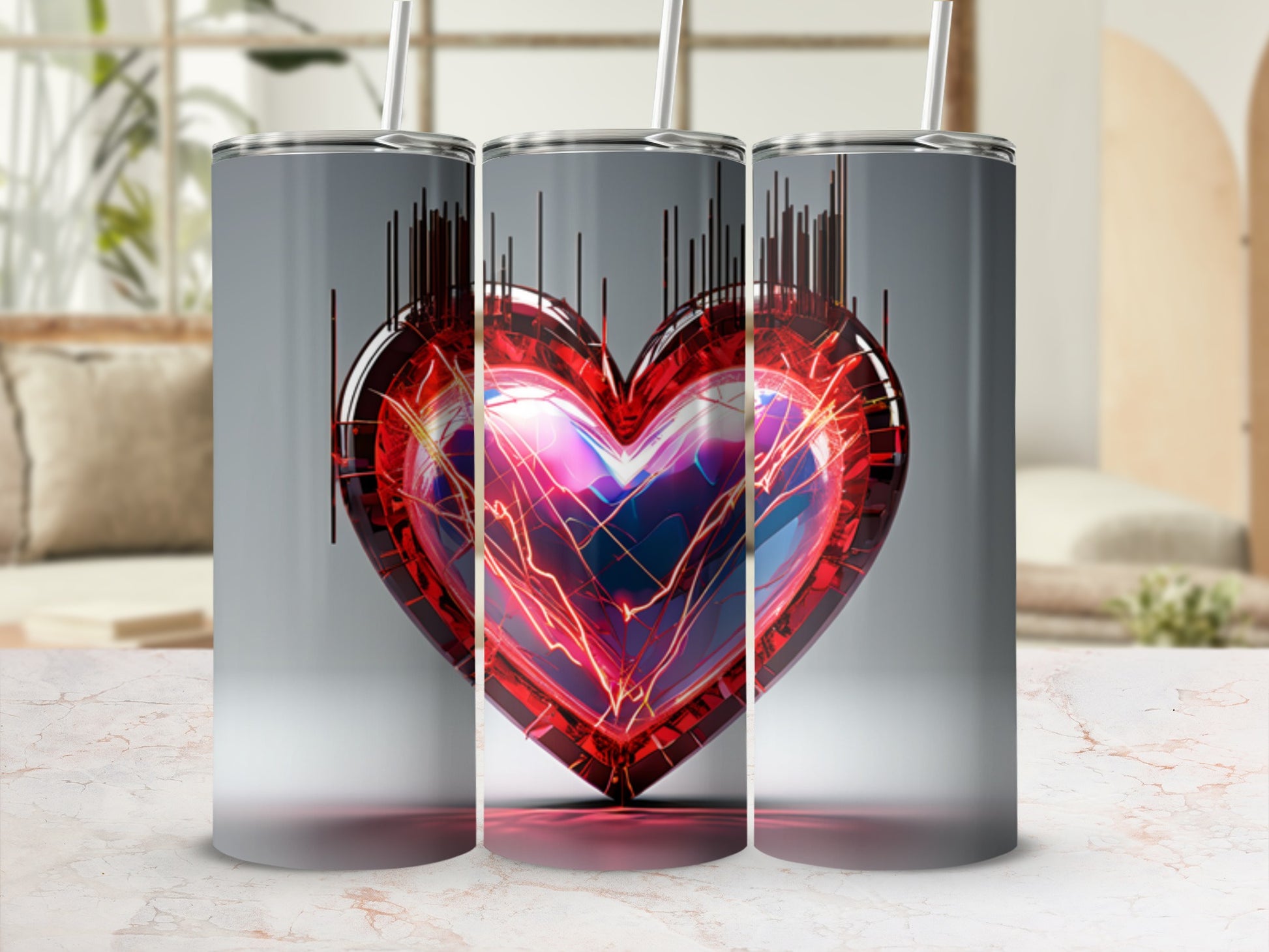 Three tumblers showcasing a glowing, transparent heart with electric blue and red energy.