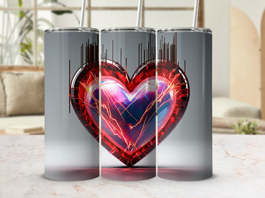 Three tumblers showcasing a glowing, transparent heart with electric blue and red energy.