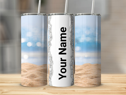 Personalized Beach Scene Glitter Water Bottle