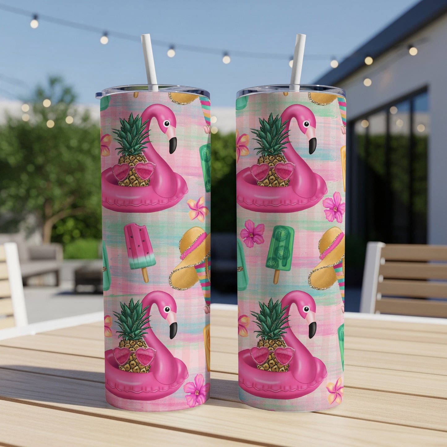 Two tumblers with pineapple and flamingo float pattern, on a table.