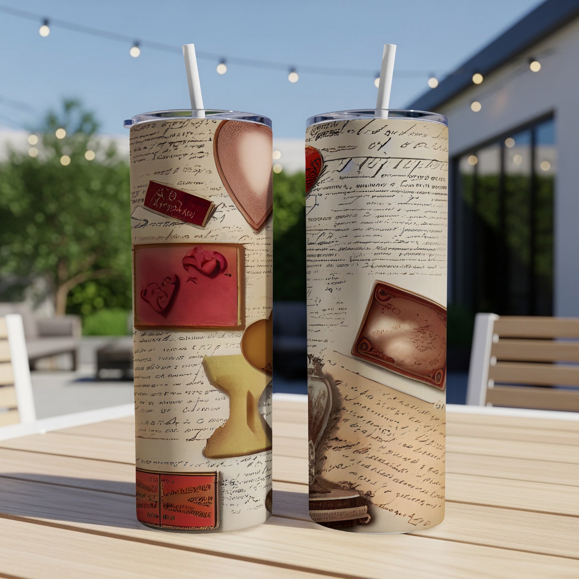 Two tumblers with a collage of vintage stationery, hearts, and writing.