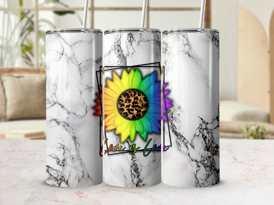 Marble tumbler with rainbow sunflower and "Love is Love" text.