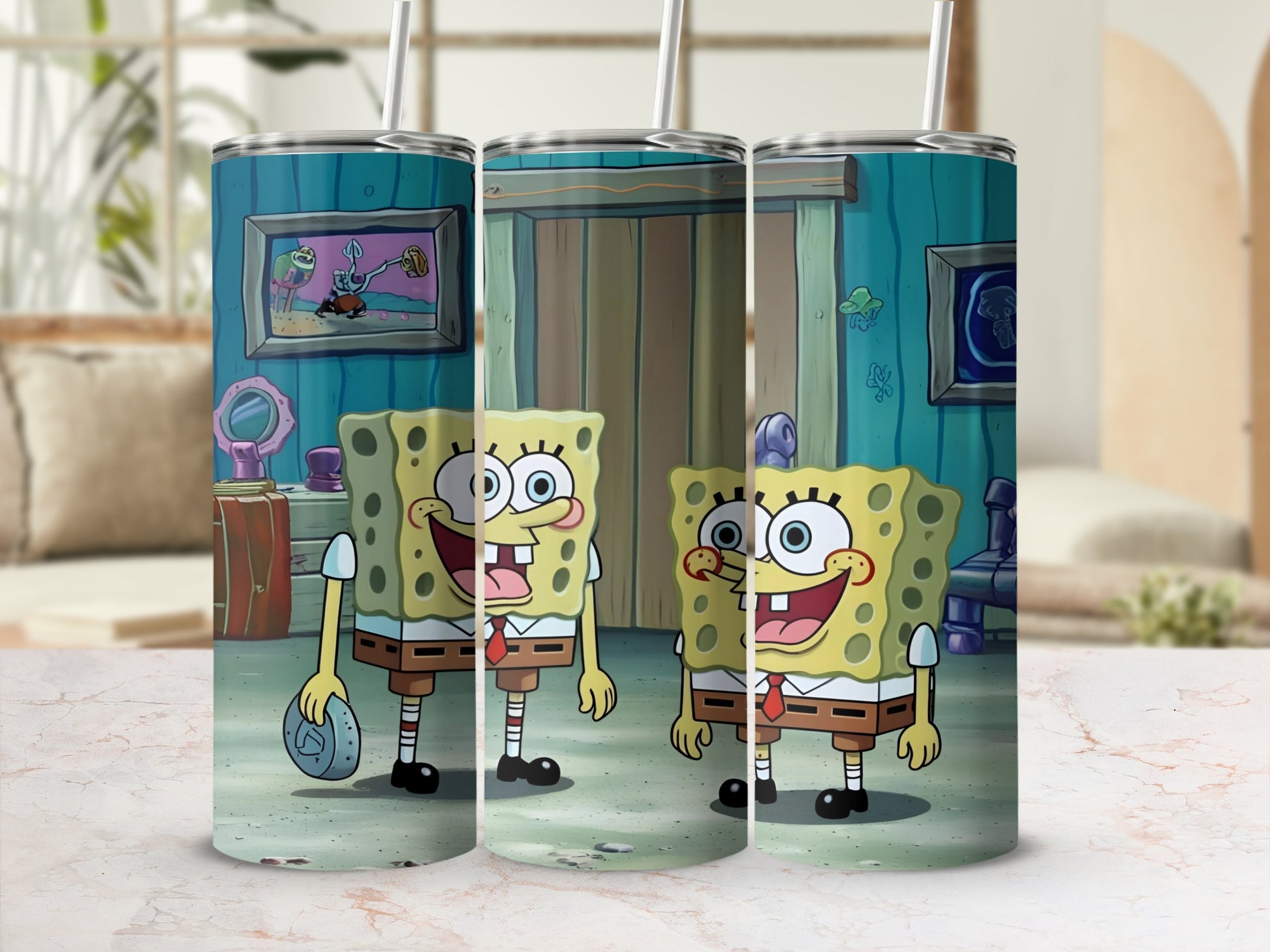 Two Spongebob Squarepants characters in a kitchen setting on a tumbler.