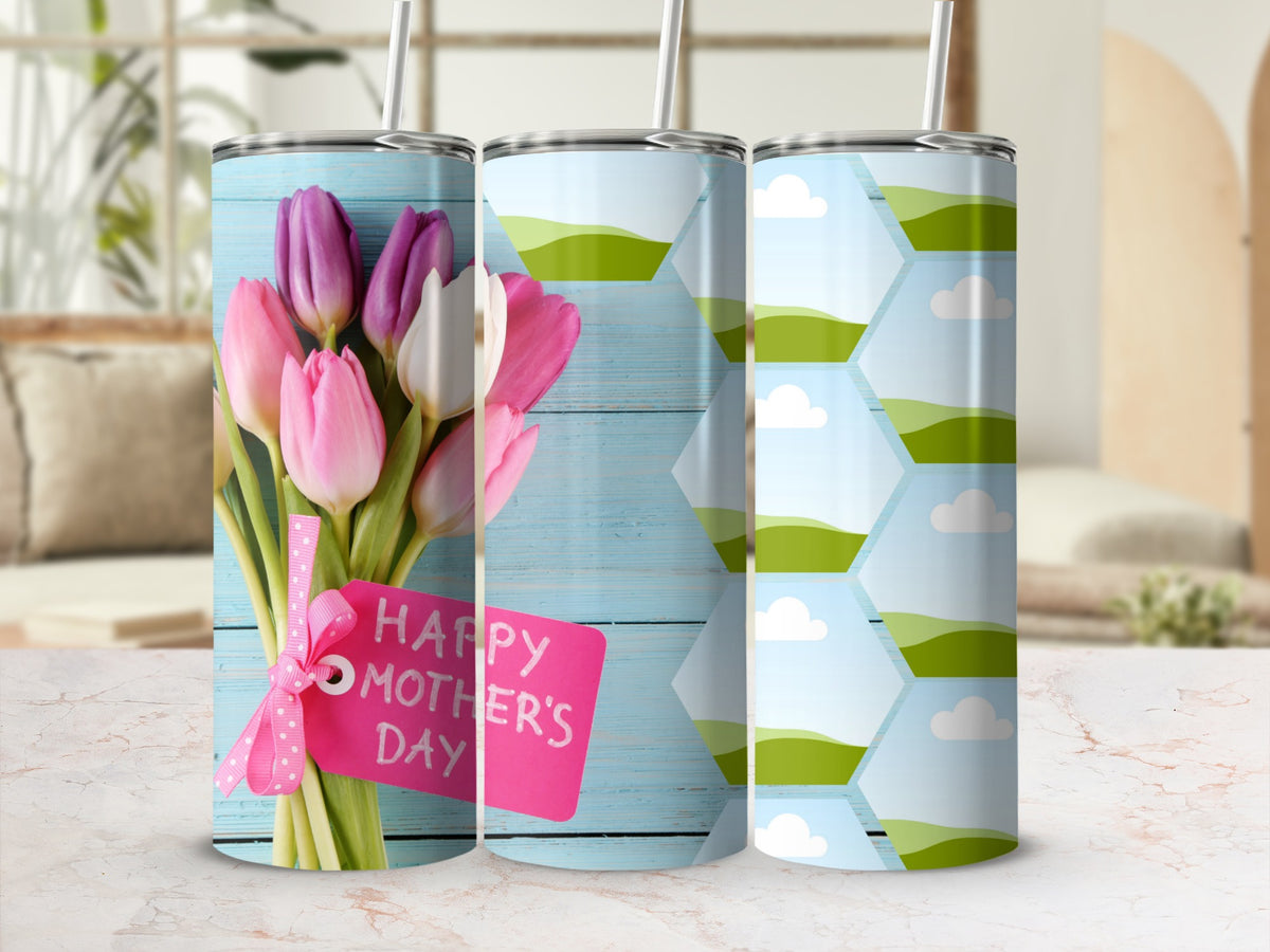 Tumbler with tulips and "Happy Mother's Day" tag, and a landscape pattern.