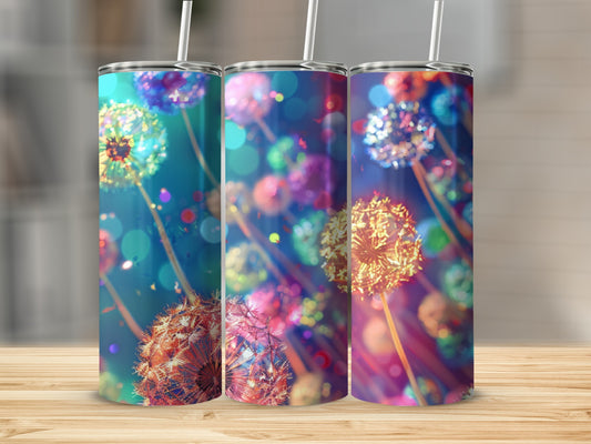 Three tumblers with dandelion and bokeh floral design.