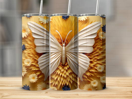Gold tumbler with white butterfly and yellow floral design.