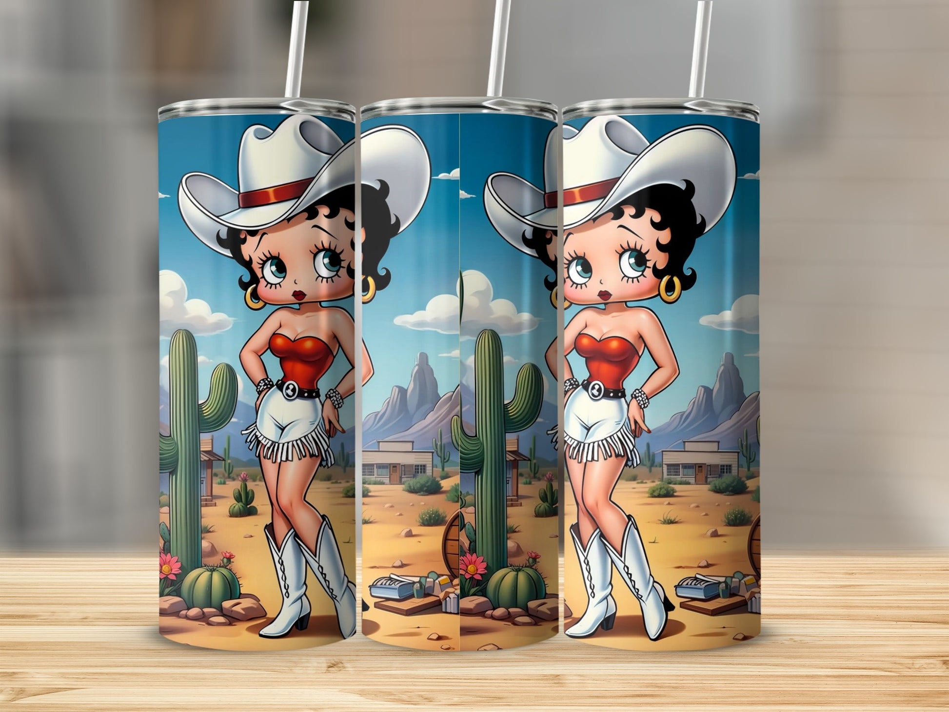 Cute Cowgirl Tumbler with Cartoon Character Scene Design
