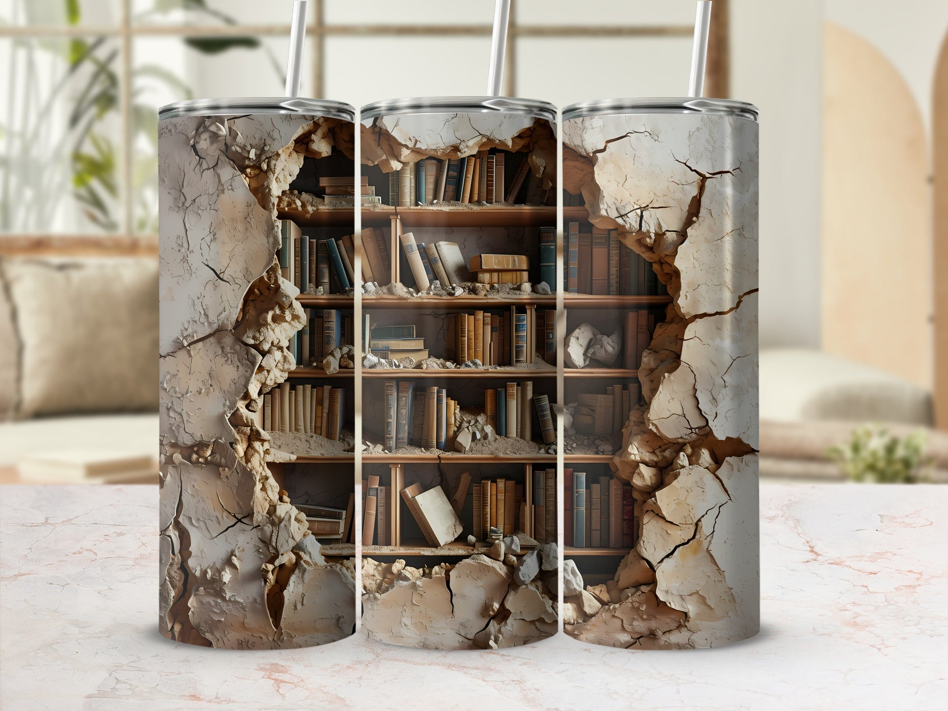 Three tumblers featuring a cracked plaster design revealing a bookshelf filled with old books.