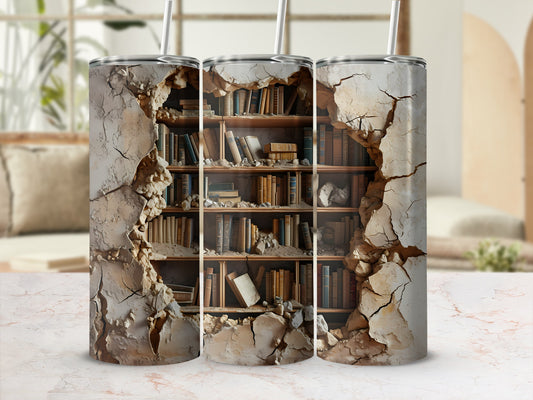 Three tumblers featuring a cracked plaster design revealing a bookshelf filled with old books.